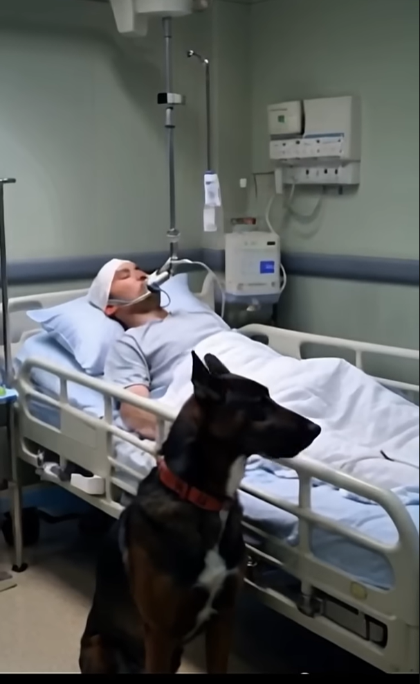 The police dog accompanied its owner in the hospital. The police dog saw its owner waking up